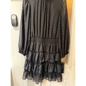 MSK Black Metallic Clip Dot Tiered Ruffle Mini Dress Smocked Waist M 93724348R